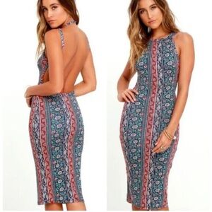 Lulus Kiss the Sky Halter Open Back Midi Dress Women's Size Medium Blue Red